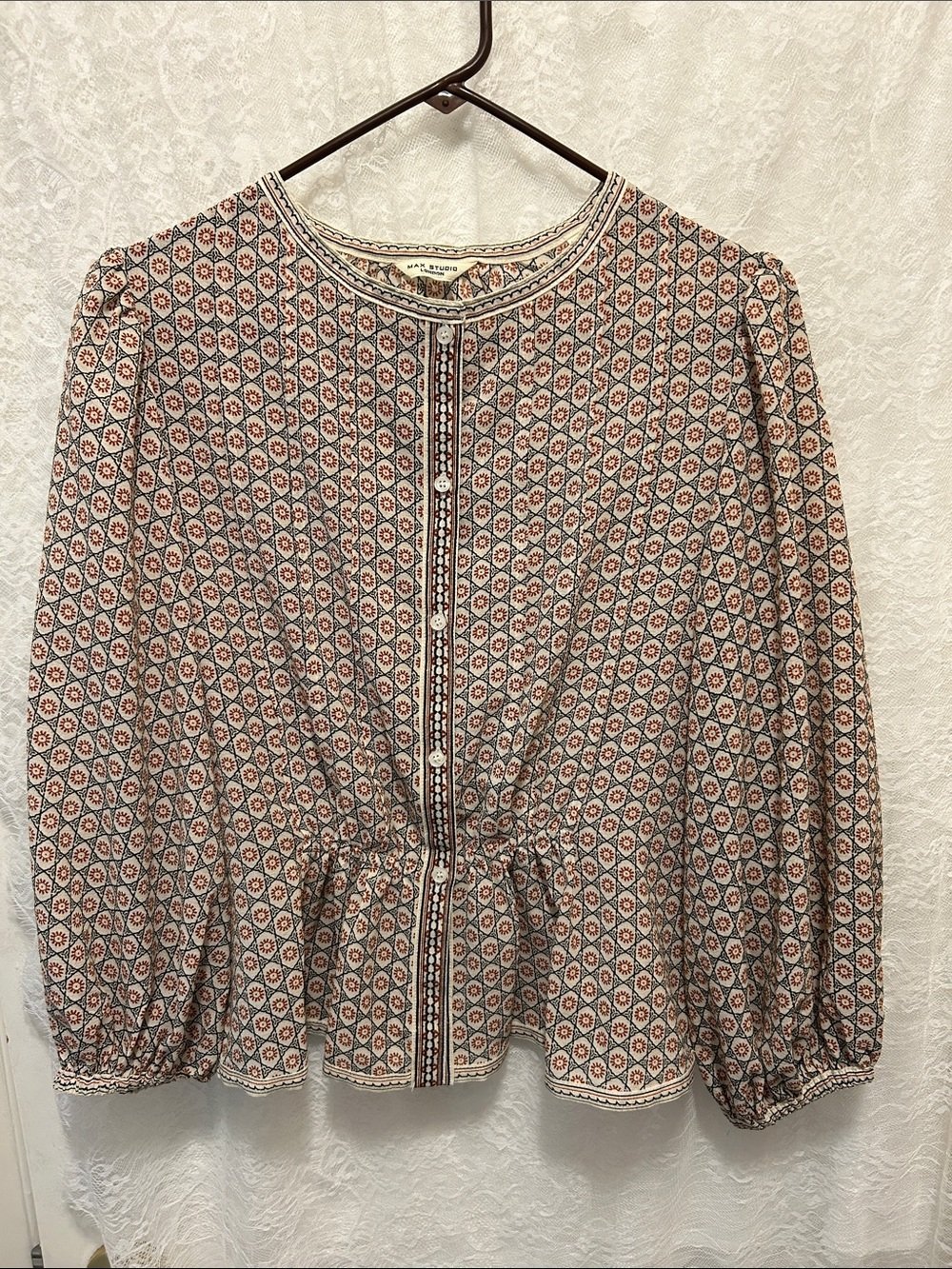 Max Studio Cream, Blue, and Rust Geometric Peasant Blouse